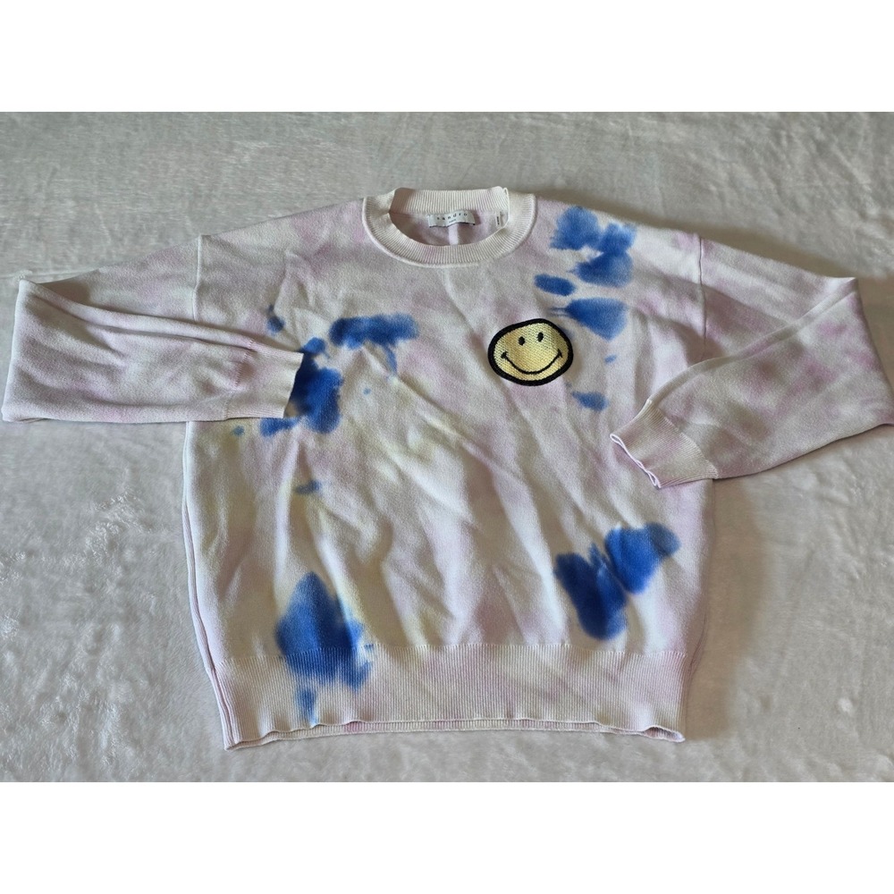 Sandro Paris x Smiley Tie Dye Knit Sweater Size 0 Blue Pink Yellow Crewneck